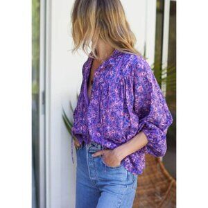 Emerson Fry India Collection. Purple Peasant Top with Gold Stitching. Size M.